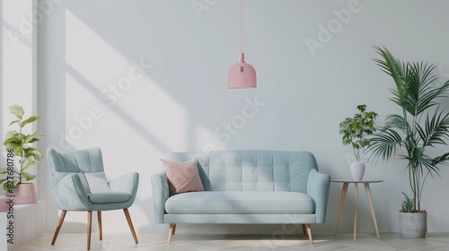 Beautiful mockup of a modern living room interior with a pastel blue sofa, armchair and a pink pendant lamp on a white wall background, photo