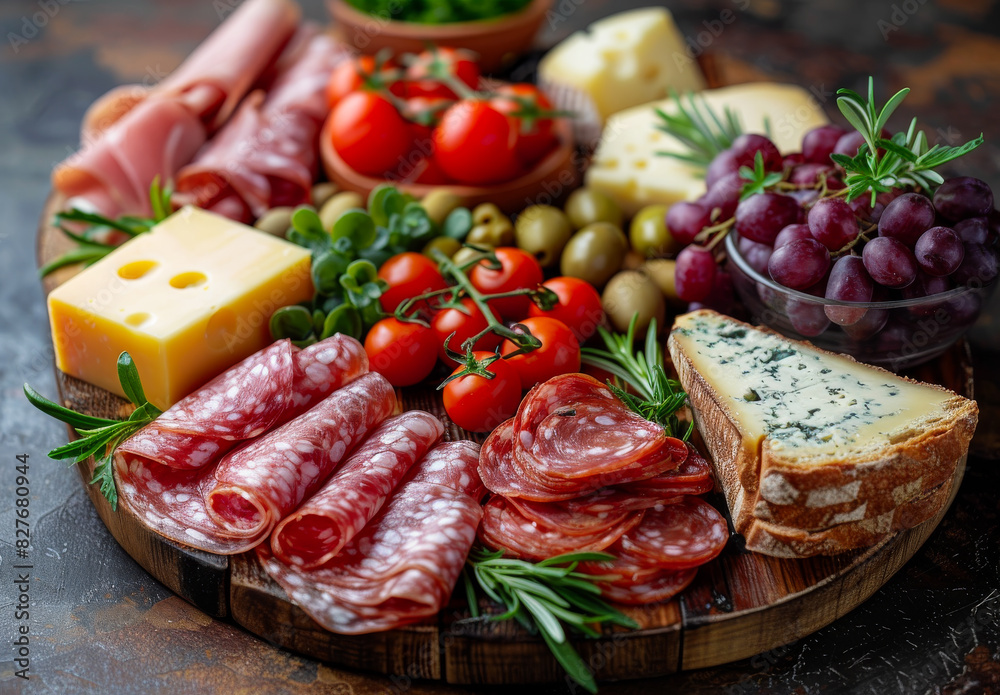 A wooden platter with a variety of meats, cheeses, and vegetables. The platter is set on a table and is ready to be served A wooden platter with a variety of meats, cheeses, and vegetables. The platter is set on a table and is ready to be served