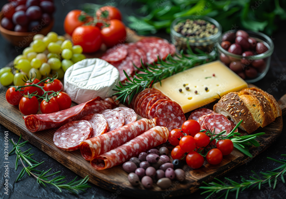 A wooden board with a variety of meats, cheese, and vegetables. The board is set on a dark surface, and the food is arranged in a way that makes it look appetizing A wooden board with a variety of meats, cheese, and vegetables. The board is set on a dark surface, and the food is arranged in a way that makes it look appetizing