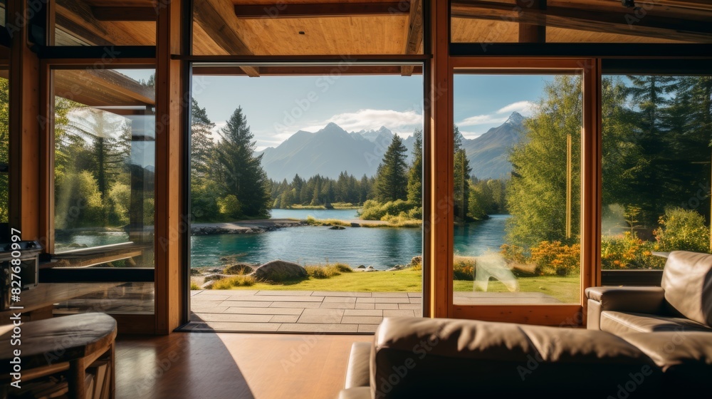 Obraz premium Cozy cabin window view by the lake. 