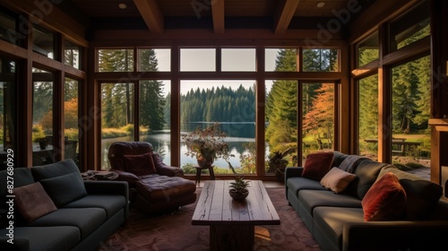 Cozy cabin window view by the lake.  © Shades3d