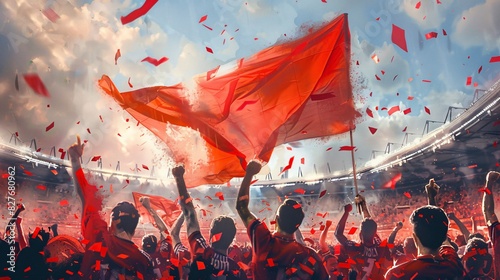 watercolor illustration of excited emotional crowd of sport fans cheering and screaming on match at stadium, the fans wearing red t-shirt generative AI