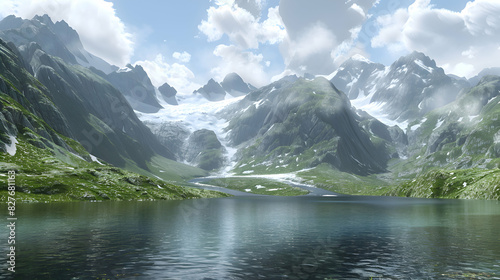 A serene alpine lake nestled between snow-capped peaks