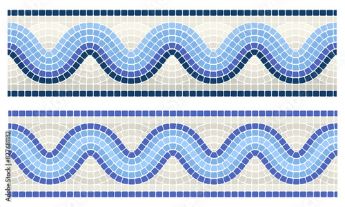 Mosaic wave ornament, seamless wavy border line with portuguese pattern, frame tessellation, vector