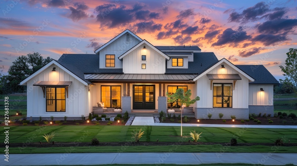 Beautiful modern farmhouse home exterior at dusk with lights on and green grass, architectural photography,
