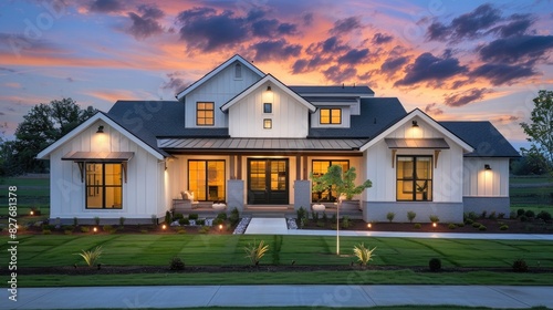 Beautiful modern farmhouse home exterior at dusk with lights on and green grass, architectural photography,