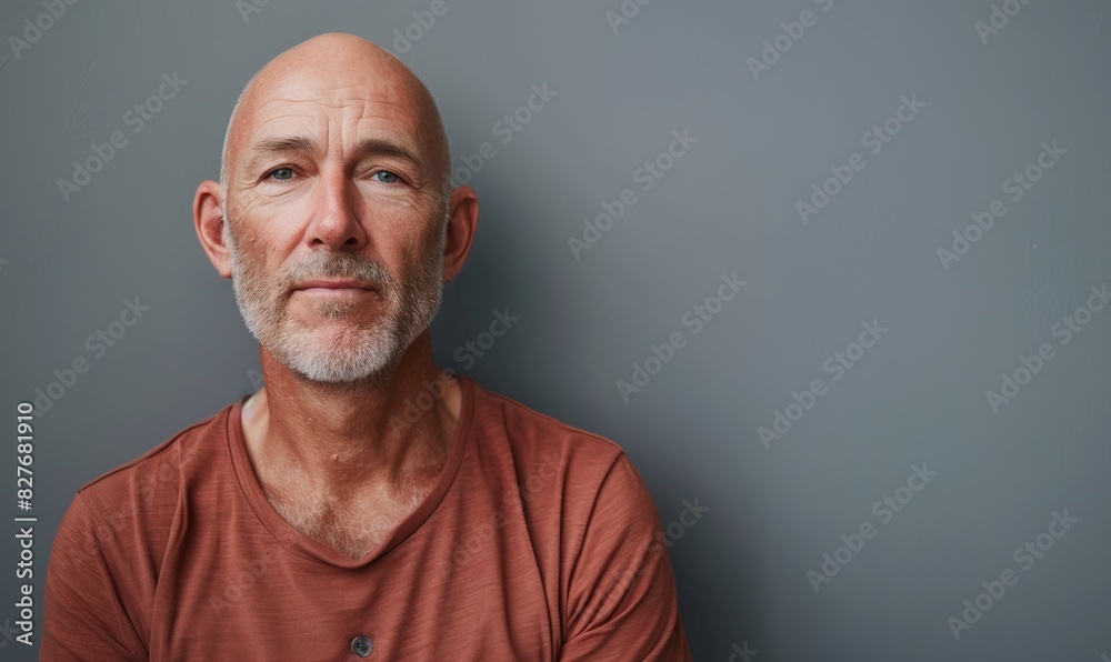 Middle age caucasian man isolated on a gray background with copy space Middle age caucasian man isolated on a gray background with copy space