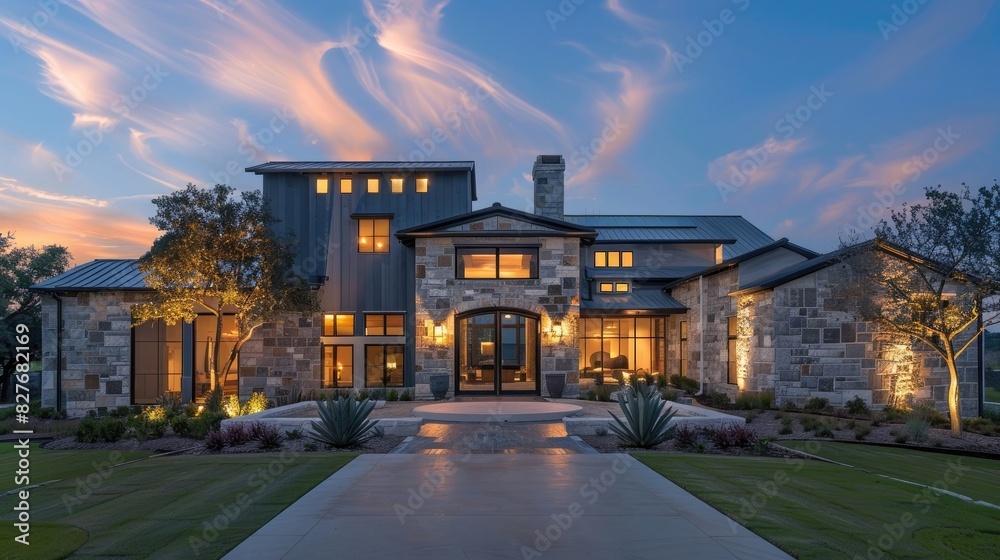 Beautiful modern farmhouse with stone exterior and charcoal gray wood paneling at dusk, illuminated