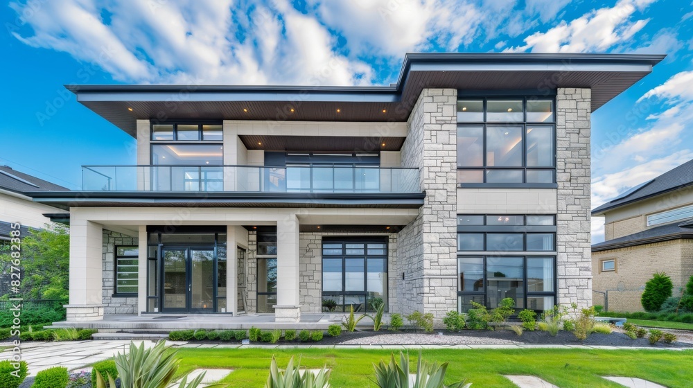 A modern,  two-story house with large windows and a landscaped yard