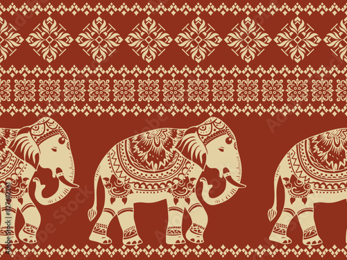 Seamless Pattern Tribal Ethnic indian Elephant pattern,Thai elephant, paisley and hamsa. Ethnic indian elephant background Hand drawn illustration. Wallpaper, cloth design, fabric, tissue, carpet