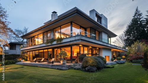 A modern,  two-story house with large windows and a landscaped yard