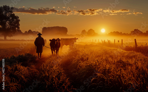 A man and a cow are walking through a field. The sun is setting in the background. The sky is orange and the grass is tall