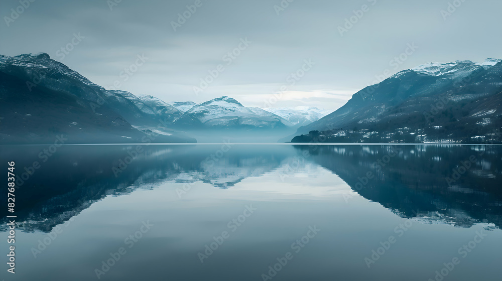 A serene lake reflecting the snow-capped peaks of surrounding mountains