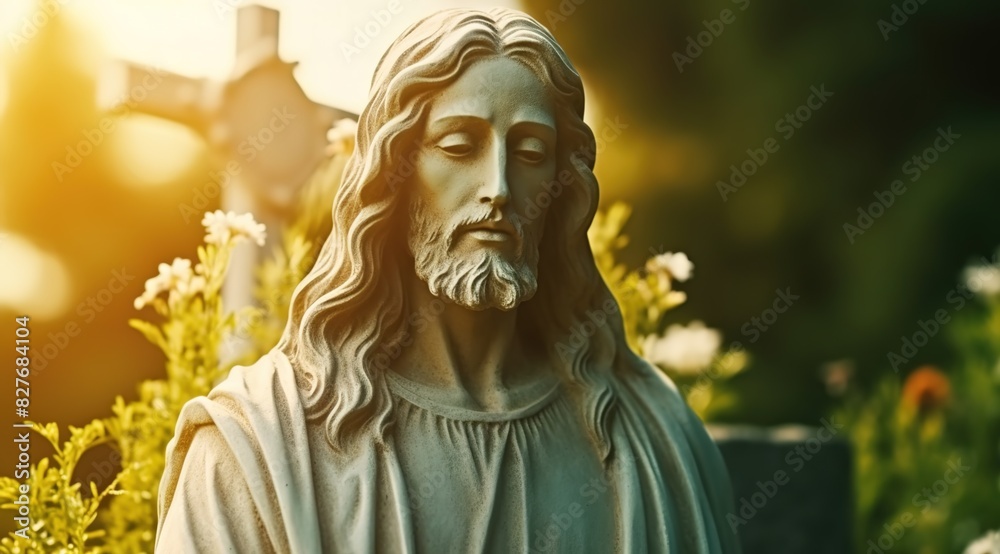 The statue of Jesus in front of the cross
The statue of Jesus in front of the cross