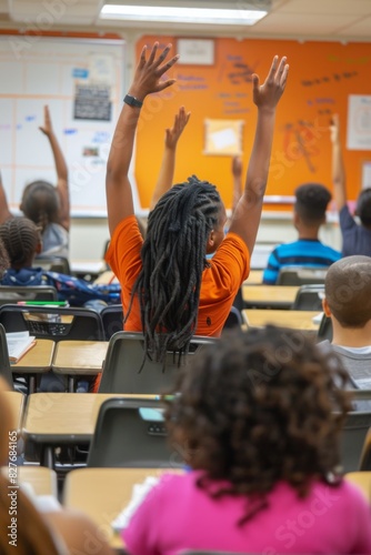 Students actively participating in a classroom, raising their hands to answer questions or engage in discussions.