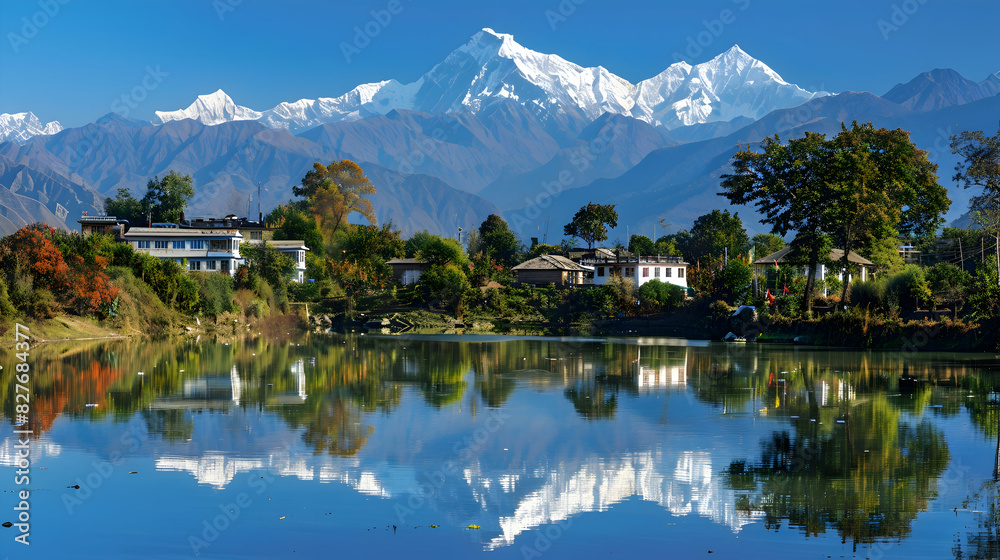 A serene lake reflecting the snow-capped peaks of surrounding mountains A serene lake reflecting the snow-capped peaks of surrounding mountains