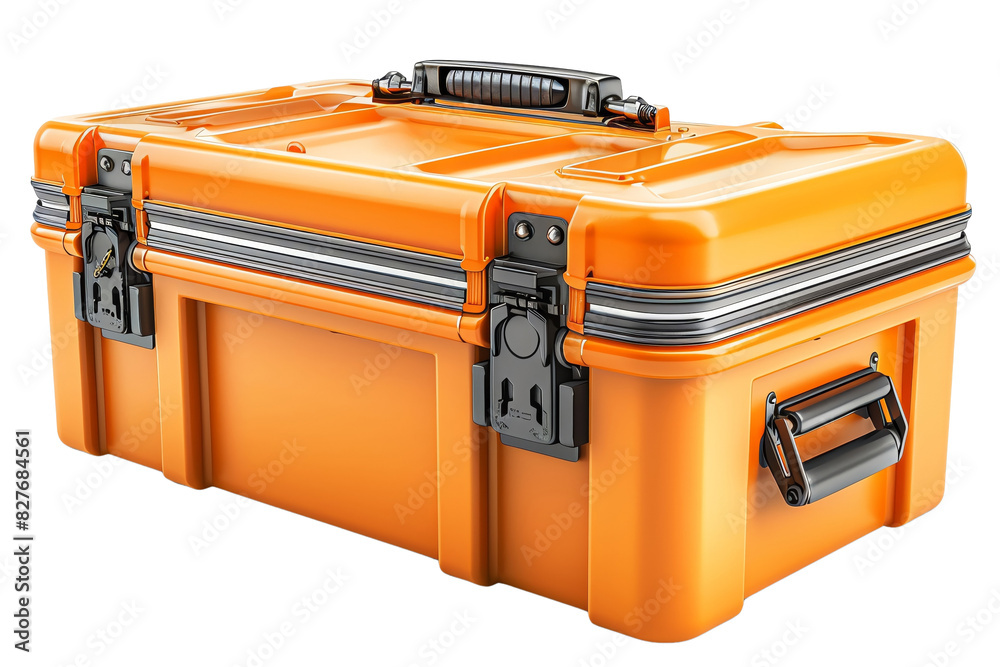 Orange plastic toolbox with secure locks and handle. Ideal for storing and organizing tools. Durable construction and portable design. Orange plastic toolbox with secure locks and handle. Ideal for storing and organizing tools. Durable construction and portable design.