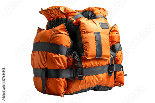Orange life jacket with black straps, essential for water safety, isolated on a white background.