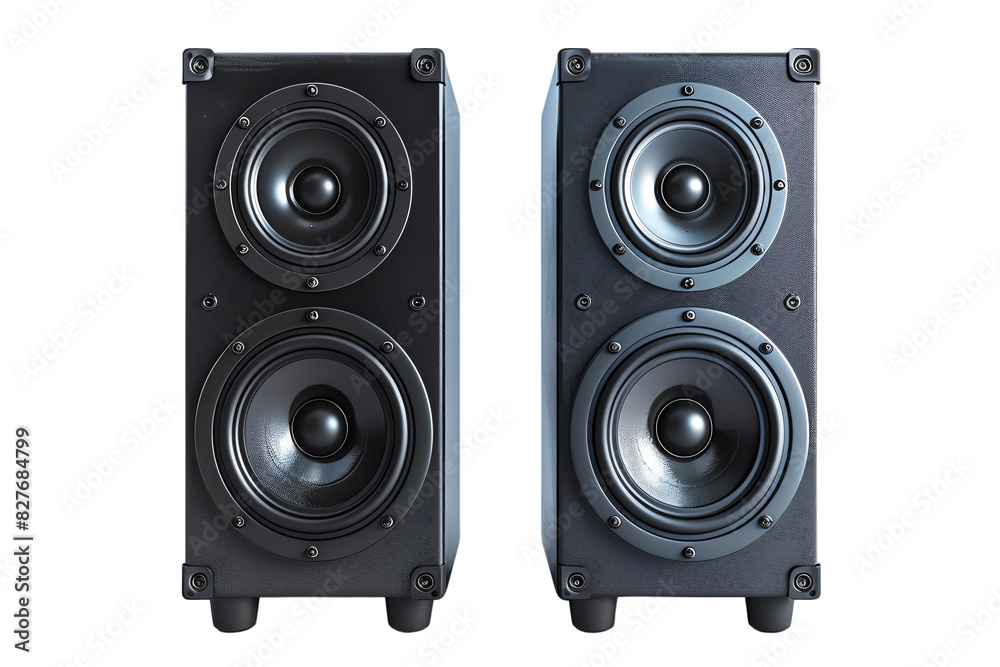 A pair of high-quality black speakers featuring large woofers and tweeters for enhanced audio performance, set against a plain white background. A pair of high-quality black speakers featuring large woofers and tweeters for enhanced audio performance, set against a plain white background.