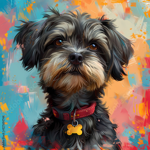 Digital art of an adult black and brown shih-tzu wearing a red collar with a bone shaped plate. Colorful background