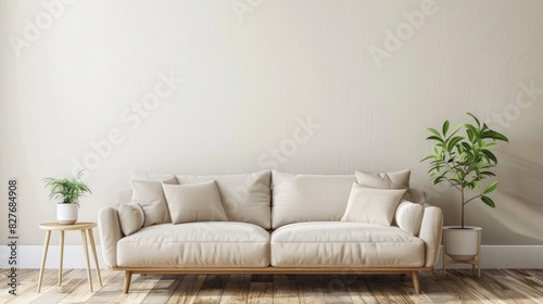 Beige living room interior mockup with sofa, plant and side table on wooden floor. Minimalist home design background in scandinavian style.3d rendering , photo