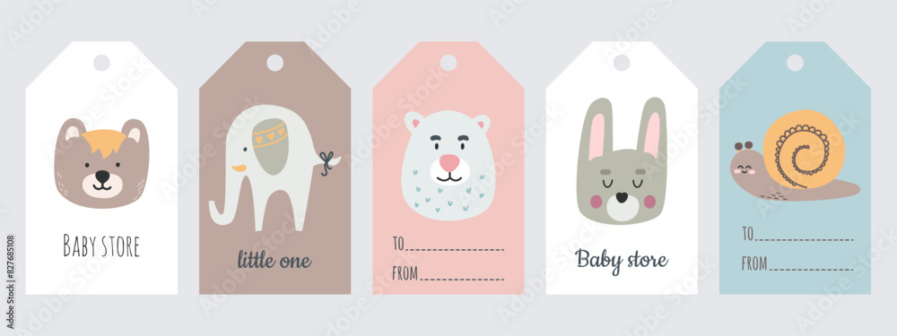 Bundle of sale labels with cute animals and handwritten letterings. Set of gift tag and label vector templates. Hand drawn funny characters for children's birthday gift, kids clothes, store Bundle of sale labels with cute animals and handwritten letterings. Set of gift tag and label vector templates. Hand drawn funny characters for children's birthday gift, kids clothes, store
