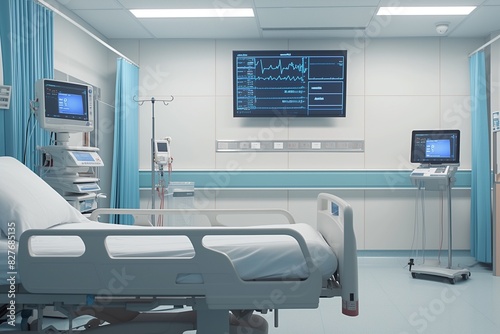 empty hospital ward with monitor and bed for healthcare and recovery