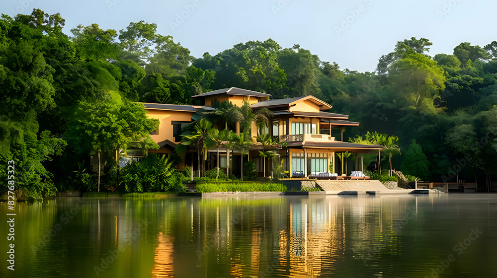 A serene lakeside retreat surrounded by lush greenery A serene lakeside retreat surrounded by lush greenery