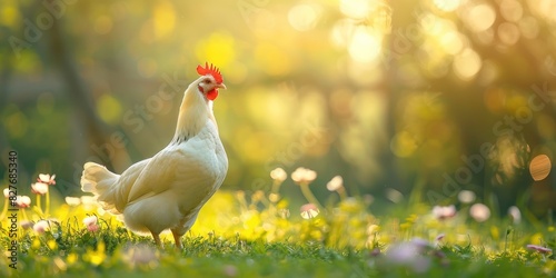 Free-Range Chicken in Vibrant Flower Garden
