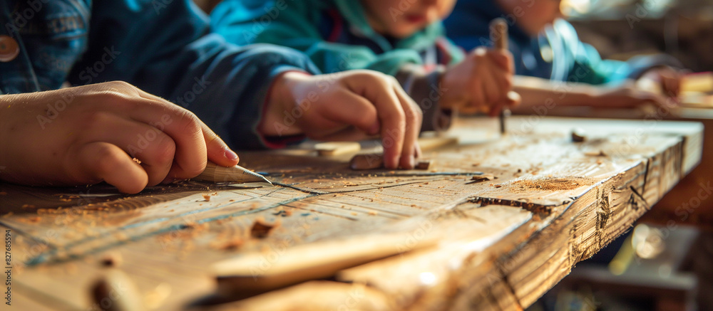 kids in a carpentry workshop doing engrave wooden floral pattern kids in a carpentry workshop doing engrave wooden floral pattern