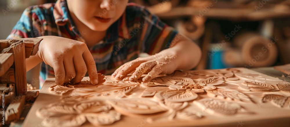 kids in a carpentry workshop doing engrave wooden floral pattern kids in a carpentry workshop doing engrave wooden floral pattern