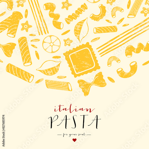 Italian pasta background. Different types of Italian pasta. Spaghetti, farfalle, penne, rigatoni, ravioli, fusilli, conchiglie, elbows, rotelle, orzo, paccheri illustration.