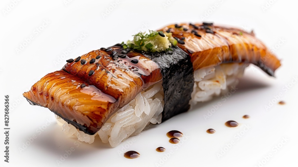 Exquisite Eel Nigiri Sushi Close-Up on White Background with Artistic Aesthetic and High Quality Photorealism Exquisite Eel Nigiri Sushi Close-Up on White Background with Artistic Aesthetic and High Quality Photorealism