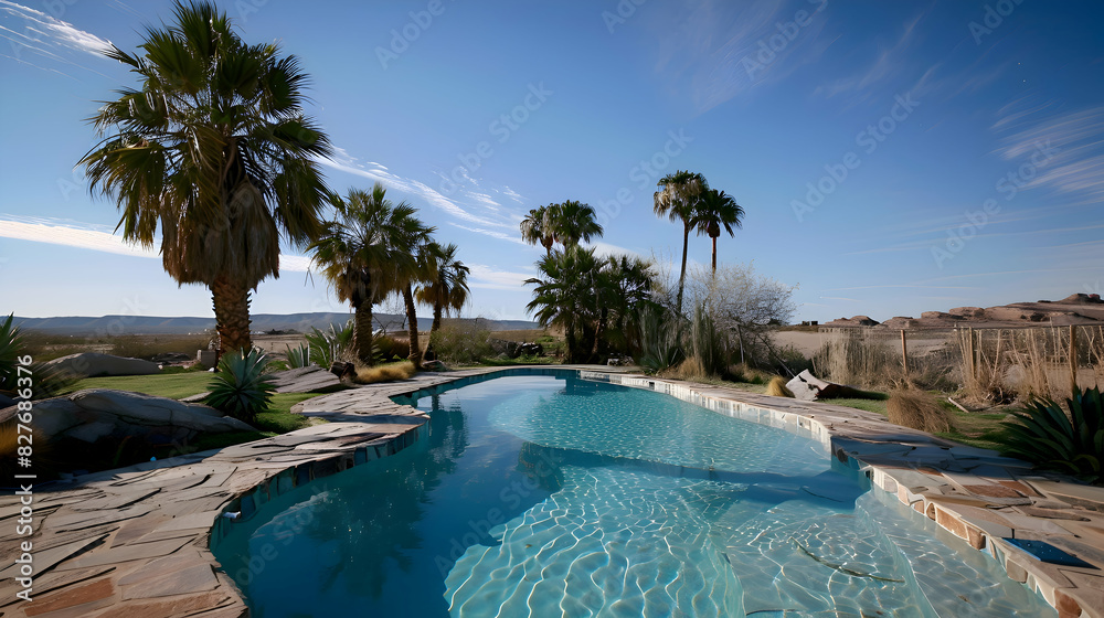 A serene oasis in the desert with palm trees and a sparkling blue pool