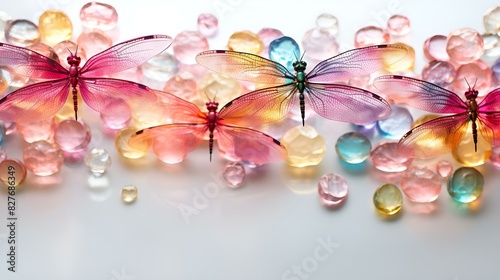 A collection of vibrant glass dragonflies arranged on a white surface.