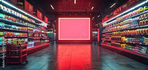 Blurred image of supermarket aisle with empty shelves and blank billboard. photo