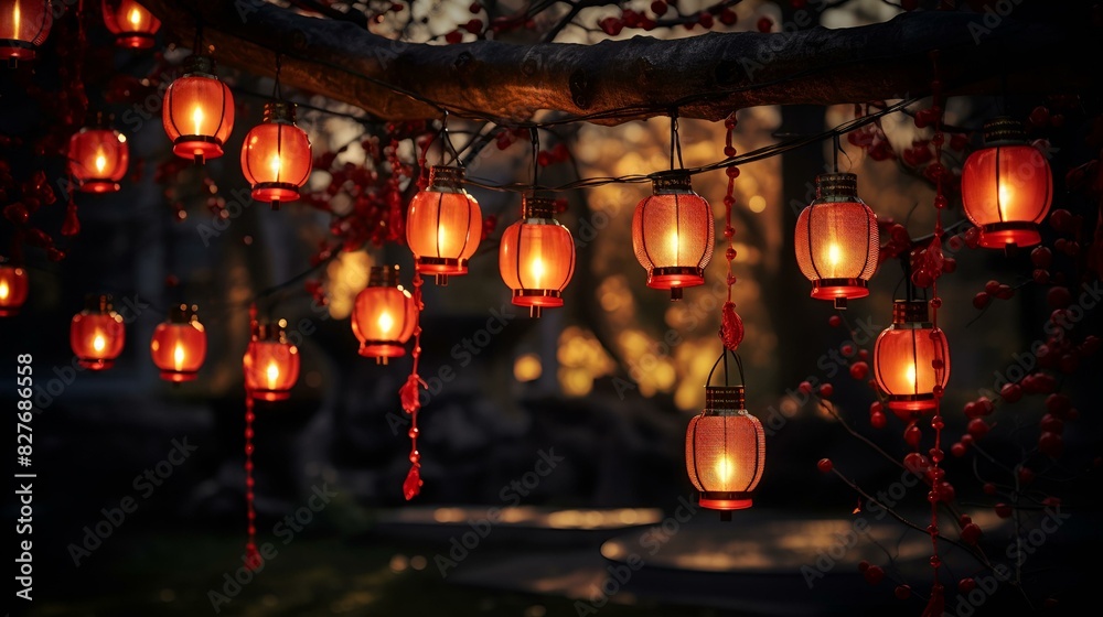 Red lanterns hanging from a tree in a serene garden setting. Red lanterns hanging from a tree in a serene garden setting.