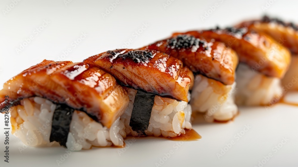 Detailed Macro Shot of Unagi Nigiri Sushi in Modern Style on White Background | Photorealistic Food Photography with Studio Lighting Detailed Macro Shot of Unagi Nigiri Sushi in Modern Style on White Background | Photorealistic Food Photography with Studio Lighting