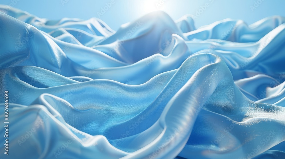 Obraz premium Light blue background with blue cloth in the foreground. Sky blue background with bright light and soft shadows. High resolution professional photos in the style of advertising photography with intric
