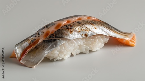 Exquisite Kohada Nigiri Sushi Macro Close-up on Silver Plate, Top View on White Background - High Quality Photorealistic Image photo