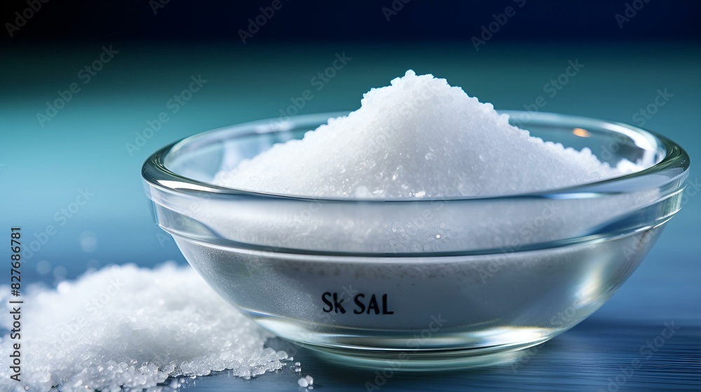 Sodium chloride in a glass bowl: a white crystalline substance in a transparent container.