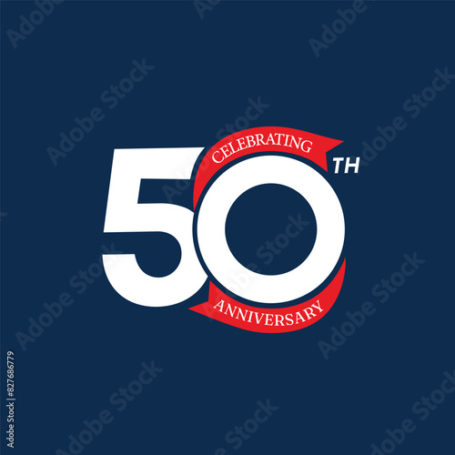 50th anniversary vector template design. 50 years anniversary logo with red color ribbon on blue background. 50 birthday anniversary emblems, banner, greeting card, poster.