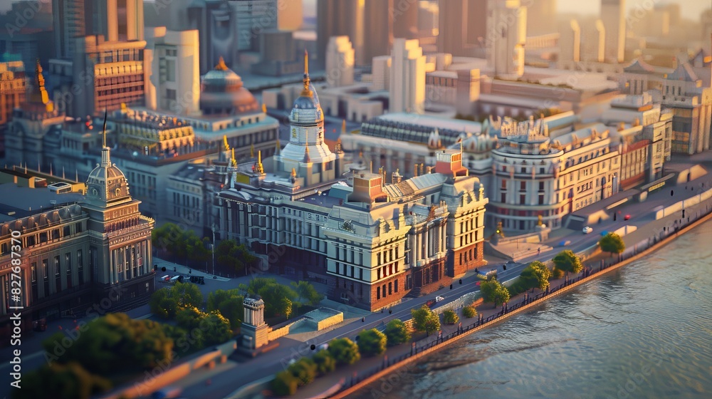 Fototapeta premium The Bund, Shanghai, daytime, isometric, tilt-shift, 3d blender rendering, widescreen HD, 4k,UHD