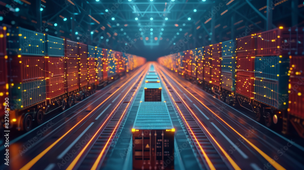 Fototapeta premium The glowing blue and orange shipping containers in the center represent the data flowing through the network. logistic transportation concept.