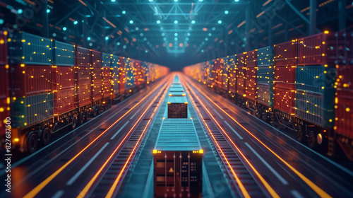 The glowing blue and orange shipping containers in the center represent the data flowing through the network. logistic transportation concept.