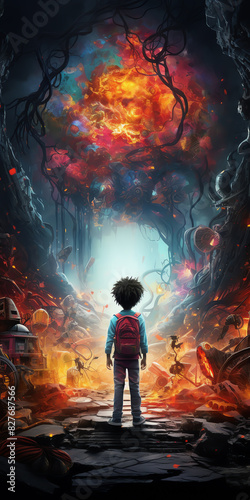 A child with a backpack stands at the entrance of a mystical, fiery cavern filled with surreal colors and glowing light. © Nuikubs