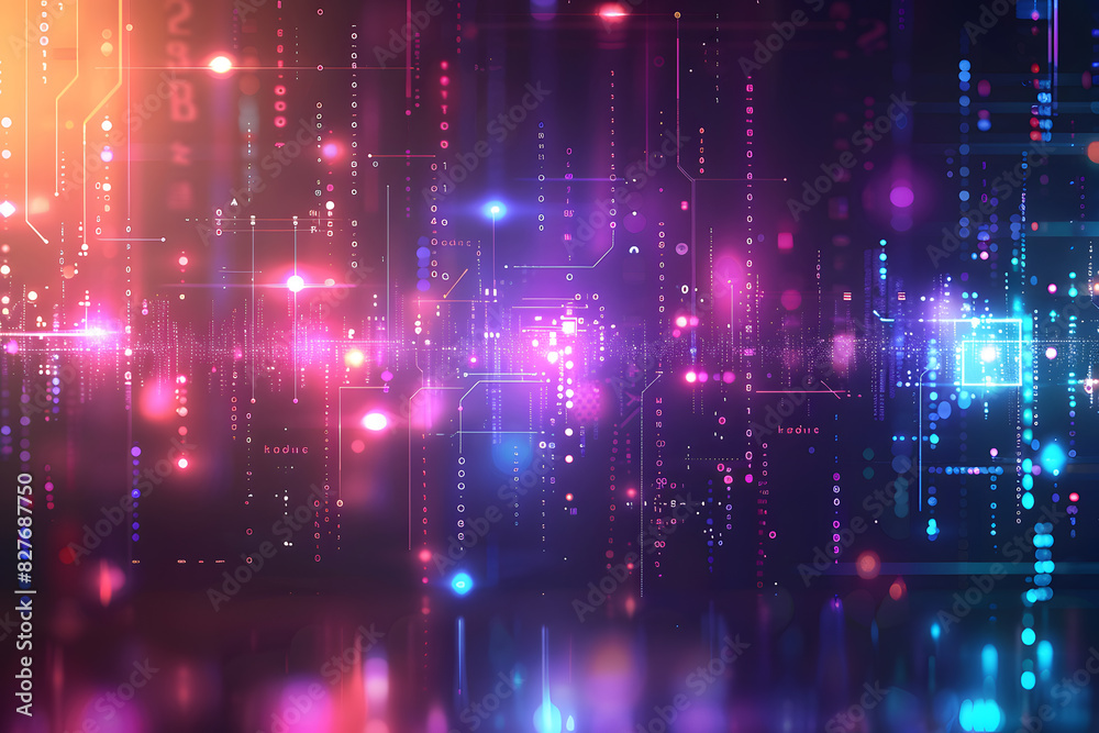 Background with technological digital data interface elements - schematics, chains, and numbers. The color palette with cool shades of blue, purple, green and gray, modern and technological look