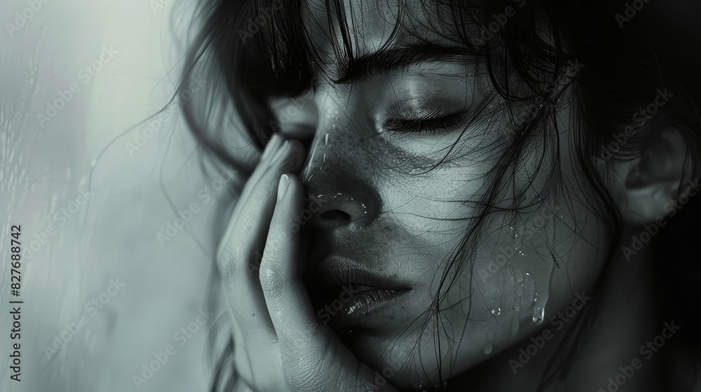 A woman with wet hair and a sad expression A woman with wet hair and a sad expression