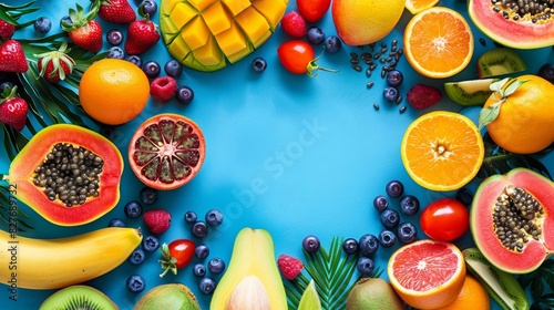 Assortment of exotic and tropical fruits  vibrant and colorful  delicious and fresh  healthy snacking  top view  copy space