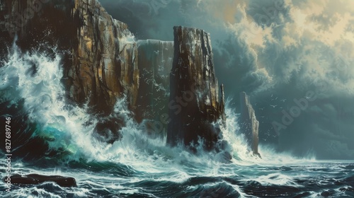 A dramatic seascape with towering cliffs plunging generated by AI photo